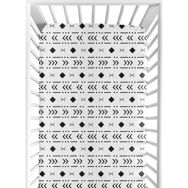 slide 2 of 6, White Black Boho Tribal Mudcloth Boy Girl Fitted Crib Sheet - Black and White Woodland Bohemian Southwest Geometric Arrow Aztec