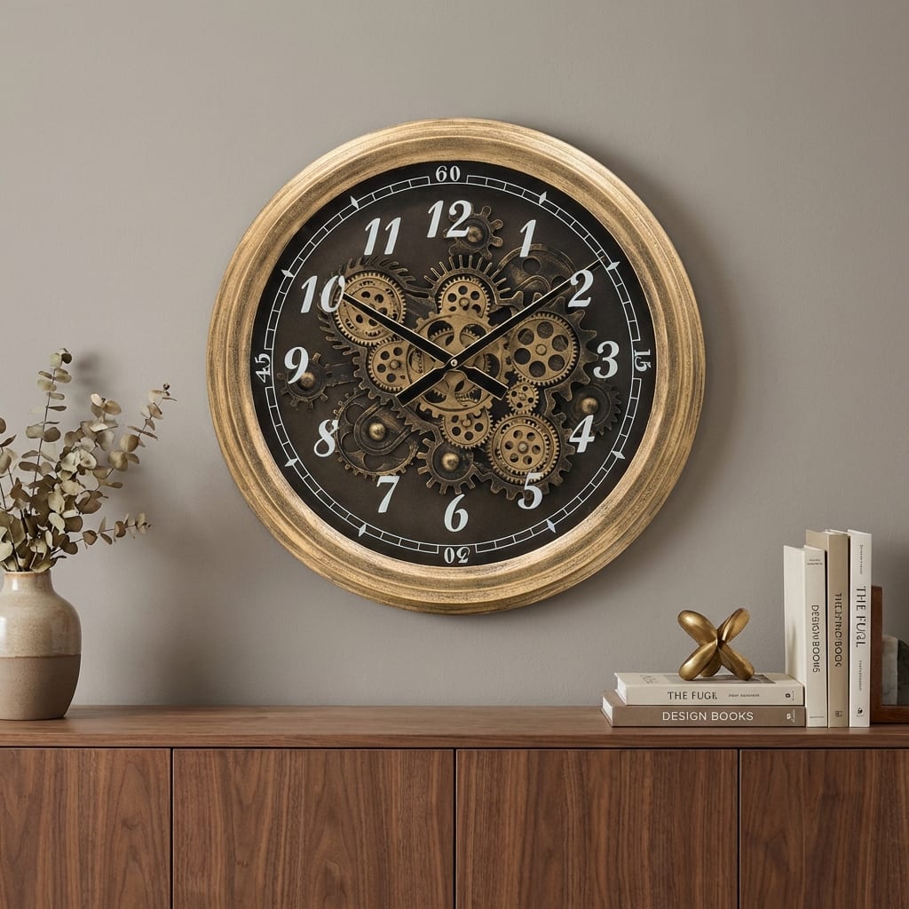 HomeRoots 21" Circle Black and Gold Wood and Glass Analog Exposed Gear Wall Clock - 20.90 in. x 20.90 in. x 3.50 in.