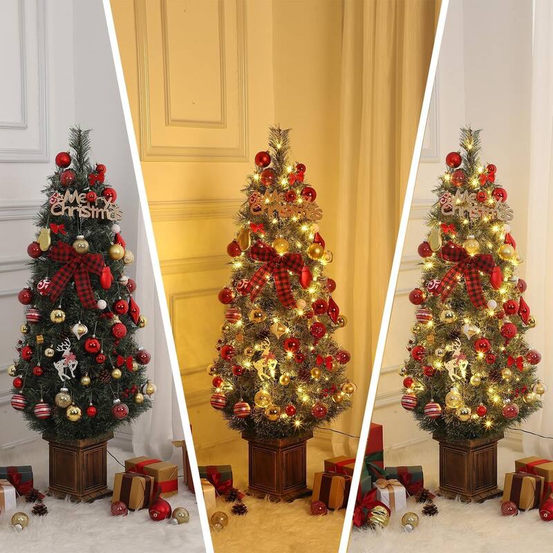 4.5 Ft Artificial Christmas Tree with 200 Warm White LED Lights and Red Berries Potted Base Holiday Xmas Tree