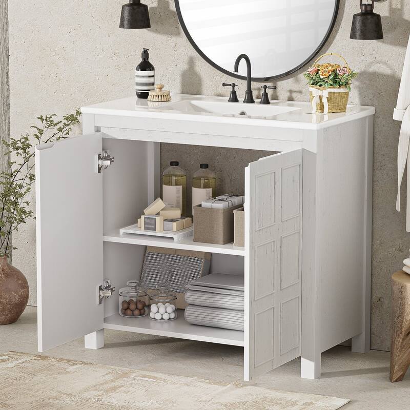 36" Rustic Bathroom Vanity Cabinet with Ceramic Sink -Solid Wood Freestanding Organizer with Soft Close Doors.