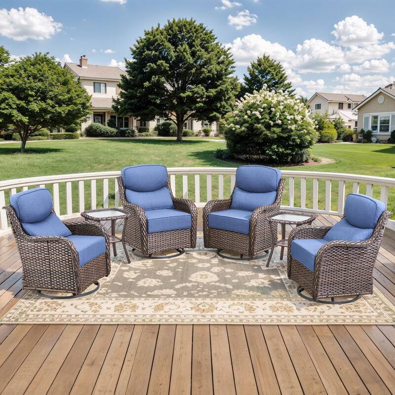 Outdoor Swivel Chairs with 6-Inch Thick Cushions for Garden - Brwon Wicker Blue Cushion - 6PCS Swivel Chair w/ Table