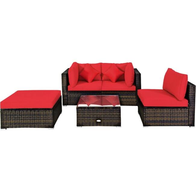 5 Pcs Outdoor Patio Rattan Furniture Set Sectional Conversation with Cushions - 29.5'' x 29.5'' x 25.5'' (L x W xH) - Red