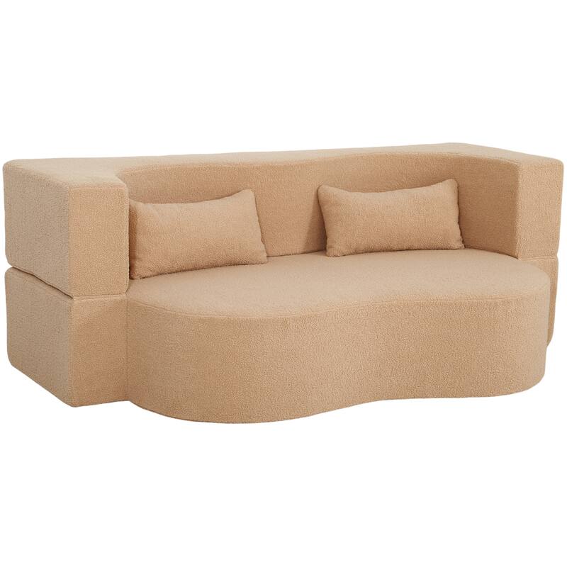 2-in-1 Convertible Sofa Bed, Folding Loveseat Couch with Soft Teddy Fabric, Floor Sleeper Sofa Mattress with 2 Pillows