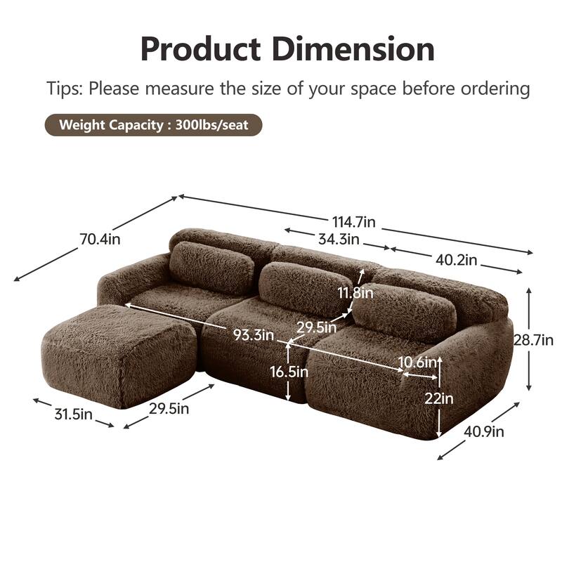 Anmytek Modern L-Shaped Boneless Sofa - Soft Fluffy Plush 32D High Density Sponge with Throw Pillows Movable Ottoman