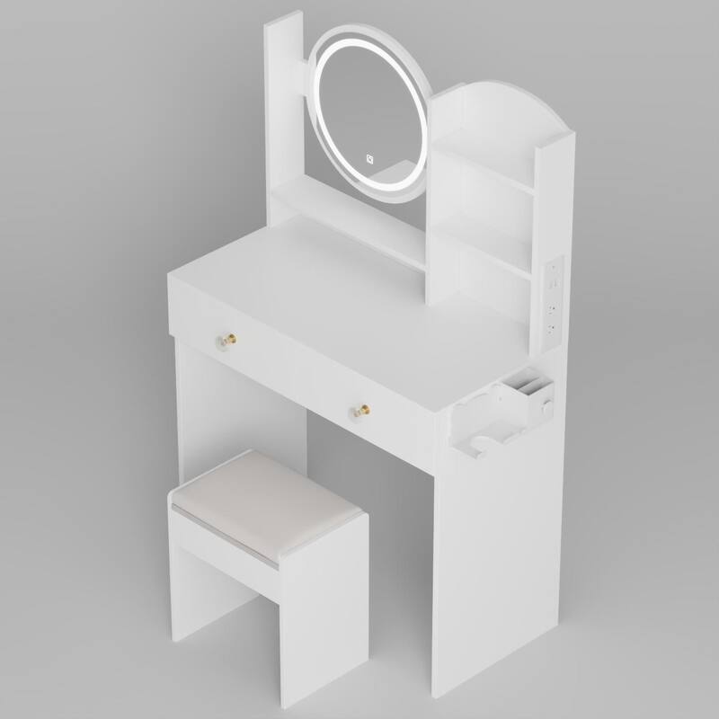 Round Mirror LED Vanity Table with 2 USB Power Station