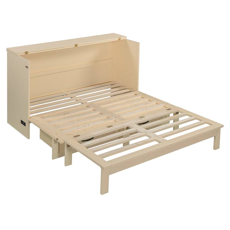 Queen Size Murphy Bed with Large Storage Drawers, USB Charging Port, and Space-Saving Design for Small Rooms