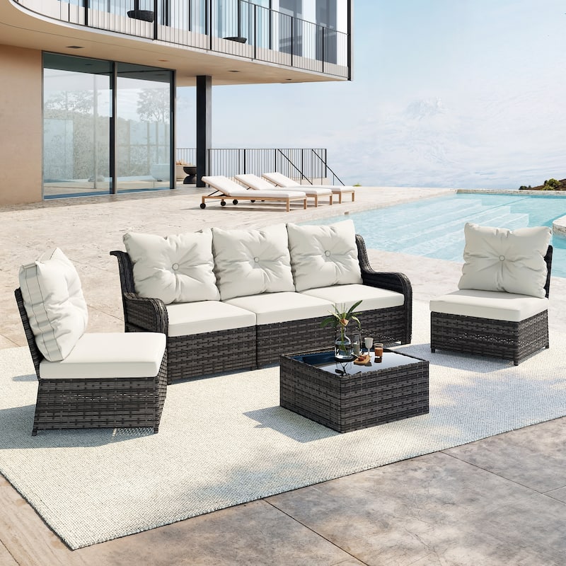 Outdoor Wicker Patio Conversation Furniture Set with Table and Cushion - Beige