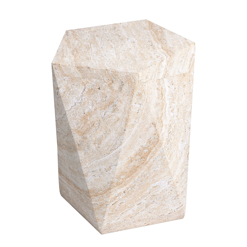 Pentagon Travertine Stone Finish Italian Design MgO Side Accent Table - 16"x16"x18.6"