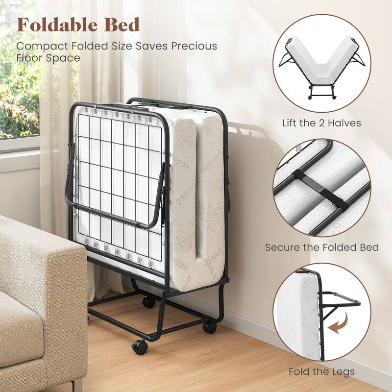 White Memory Foam Folding Guest Bed with Wheels and Metal Frame Support - 75" L x 31" W x 16.5" H