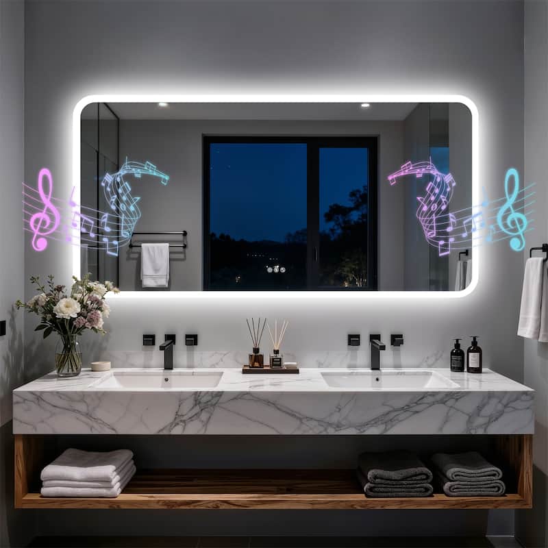 Bluetooth Speaker Smart LED Illuminated Tempered Glass Lighted Bathroom Mirror Backlight Wall Makeup Mirror