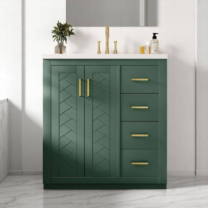 Freestanding 30 Inch Bathroom Vanity with Ceramic Sink, MDF Cabinet with 3 Drawers and Storage Shelf - Green