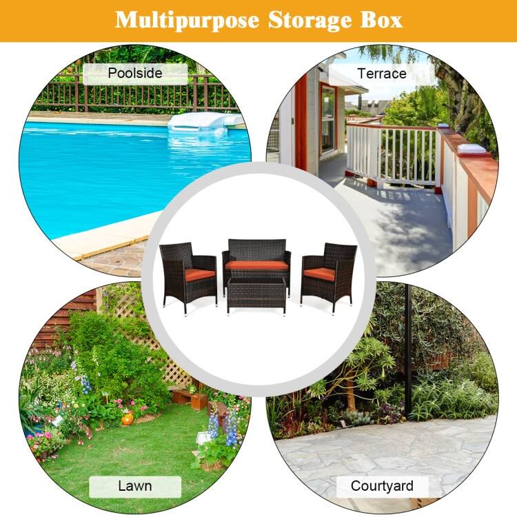 Rattan Patio Conversation Furniture Set with Glass Table and Comfortable Sofa - 4 Pcs
