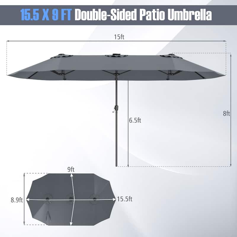 Extra Large 15.5 Feet Double-Sided Patio Umbrella with Solar LED Lights and Crank Outdoor Shade (Umbrella Only)