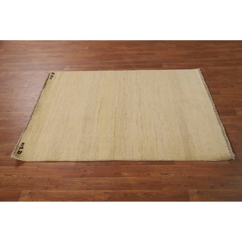 Modern Gabbeh Oriental Foyer Rug Handmade Beige Solid Wool Carpet - 3'4"x 4'10"