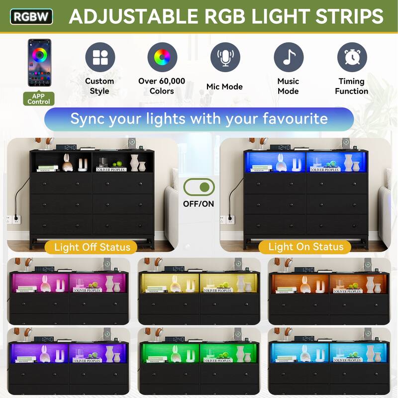 6 Drawer Dresser with LED Lights Modern Large Capacity Storage Cabinet