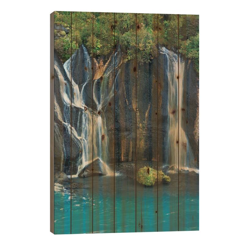 Iceland, Hraunfossar. Tiny cascades emerge from the lava to flow into the Hvita River Print On Wood by Ellen Goff - Multi-Color - 26x18x1.5