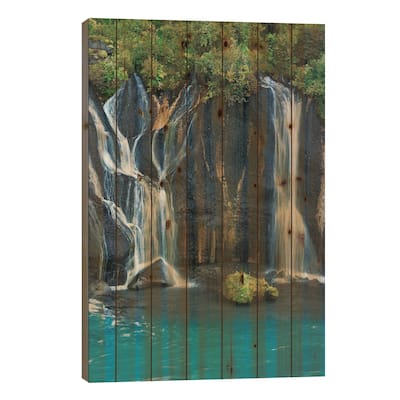 Iceland, Hraunfossar. Tiny cascades emerge from the lava to flow into the Hvita River Print On Wood by Ellen Goff - Multi-Color