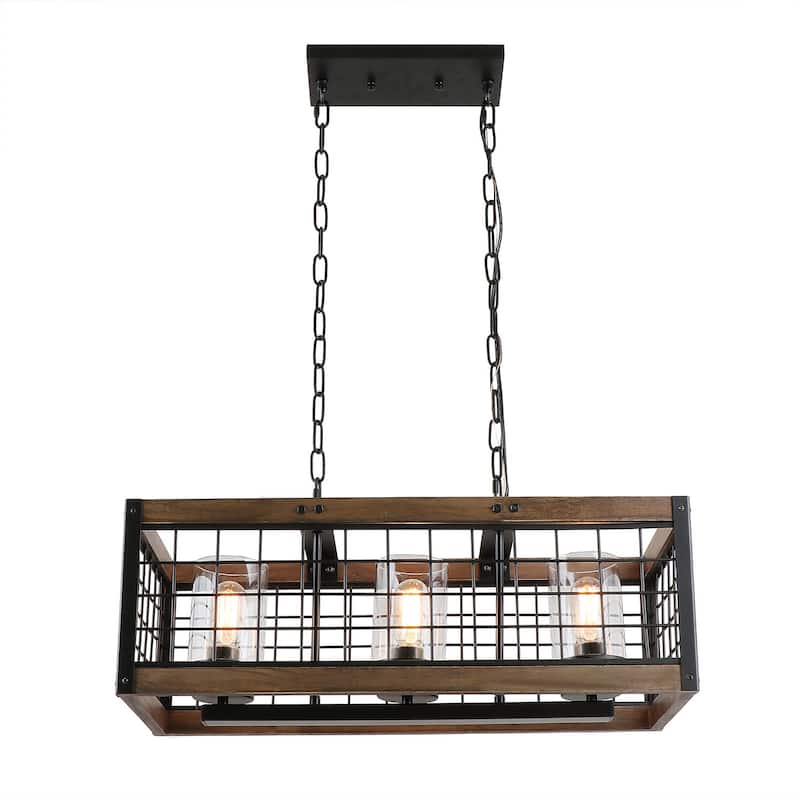 Rustic Wood Linear Chandelier Industrial Kitchen Chandelier Hanging Light with Glass Shades