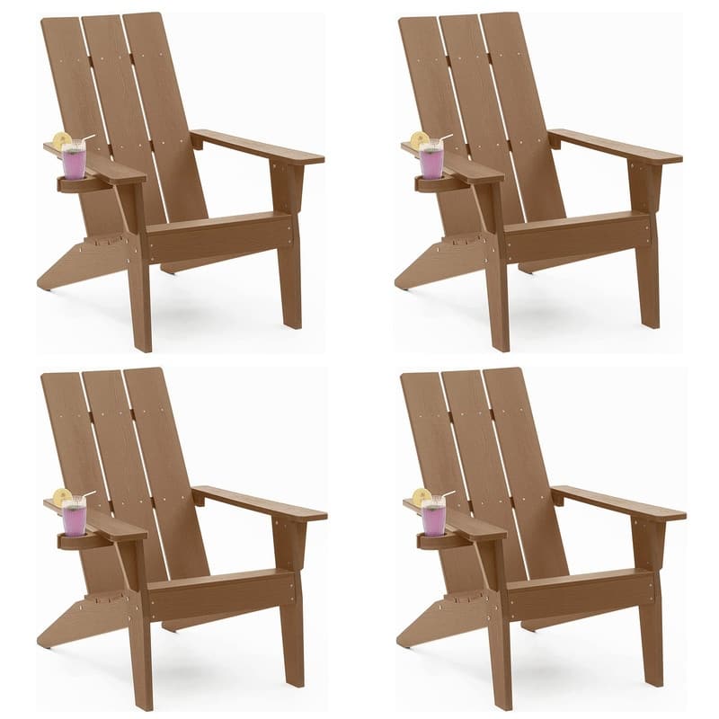 WINSOON All-Weather HIPS Outdoor Adirondack Chairs with Cup Holder (Set of 4) - Teak