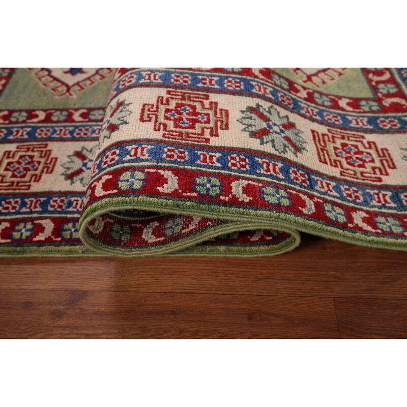 Green Geometric Kazak Area Rug Hand-Knotted Wool Carpet - 4'10" x 6'8"