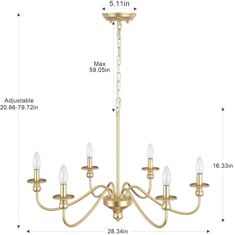 Modern Chandelier, Farmhouse 6-Light Metal Candle Chandelier for Dining Room Living Room Bedroom Kitchen - W28.34"x H16.33"