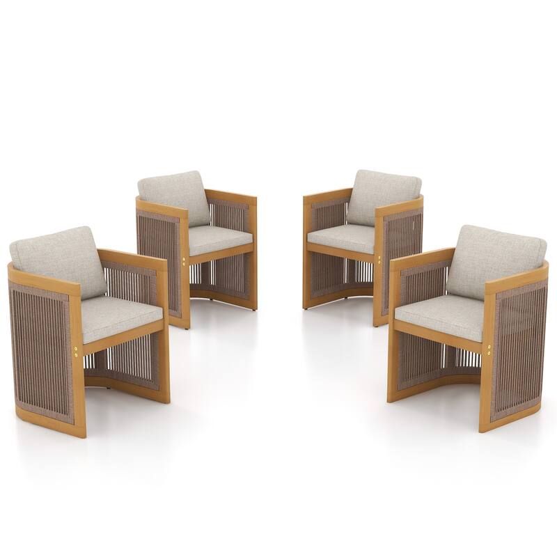 Outdoor Wooden Rope Woven Armchairs with Olefin Cushions, Set of 4