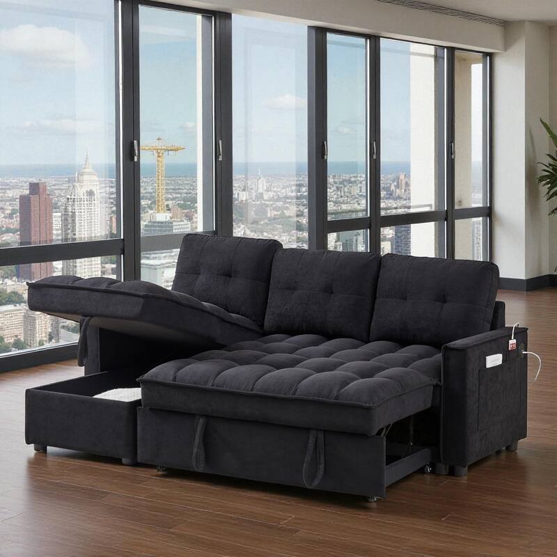 78.75" Chenille Reclining Sectional Sofa with Pull-Out Bed USB Type-C Ports Storage Chaise Modular Convertible Couch