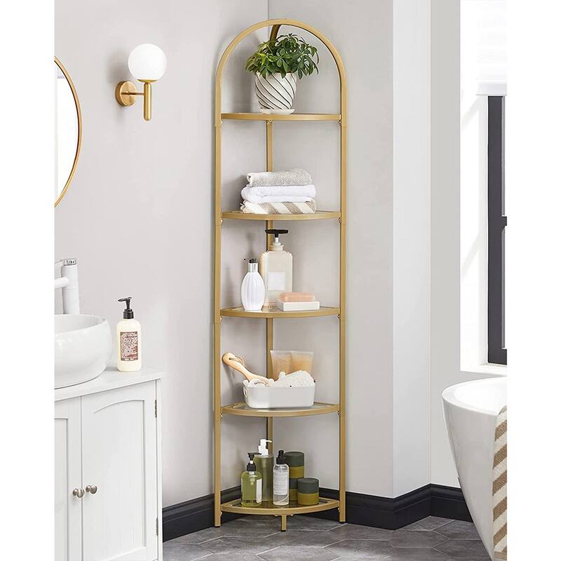 Golden 5-Tier Glass Corner Storage Shelf with Steel Frame Living room Bedroom or Entryway - 11"D x 11"W x 37.4"H
