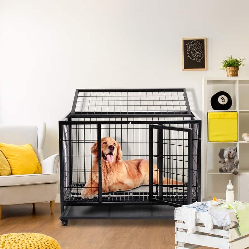 Heavy Duty Pet Playpen for Training Indoor Outdoor with Plastic Tray, Double Doors & Secure Lock