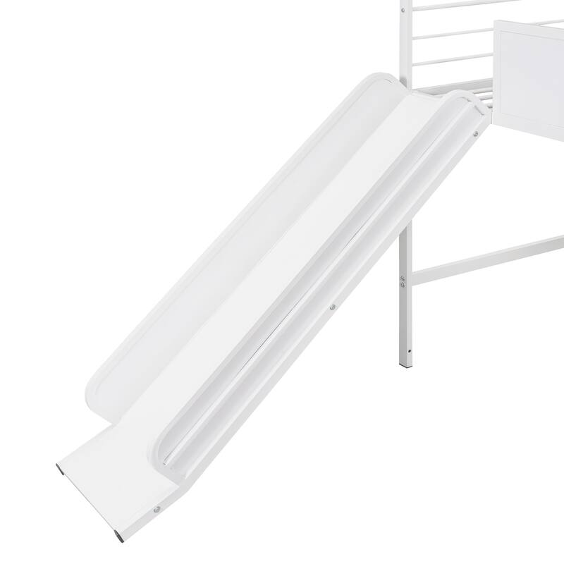 Twin Size Metal Loft Bed with Slide & Two-Sided Writable Wooden Boards - Metal House Bed Design