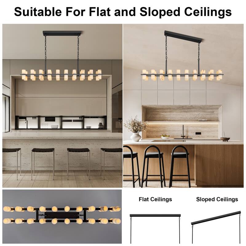 Modern Alabaster Glass Chandelier, Round or Linear Pendant Light with Up & Down Shades, D600-L1370, Copper or Black Finish