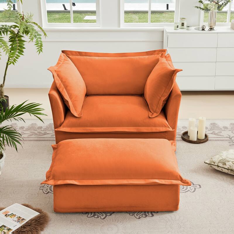 Upholstered Slipcovered Armchair with Ottoman, Deep Seat Armchair W/ Wide Ottoman, Armchair Sets, Chenille Fabric