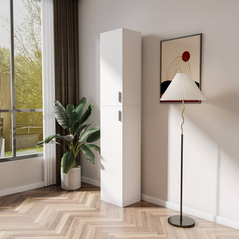 Roomfitters Tall Freestanding Storage Cabinet with 2 Doors, Slim Pantry Cabinet for Kitchen, Bathroom, or Living Room - White