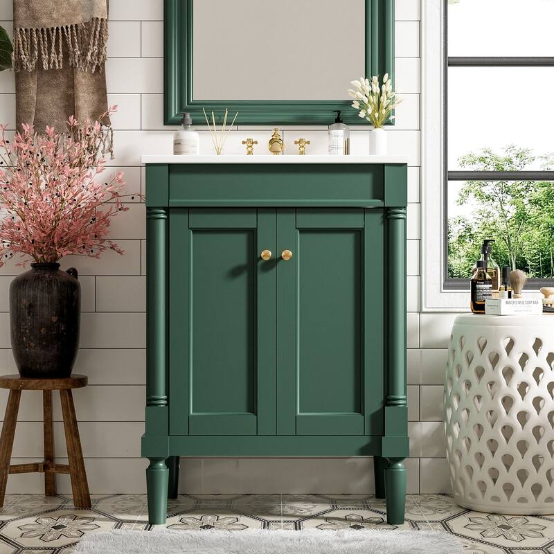 24 Inch Bathroom Vanity with Ceramic Top Sink, Freestanding Single Sink Vanity with Storage Shelves, Modern Style