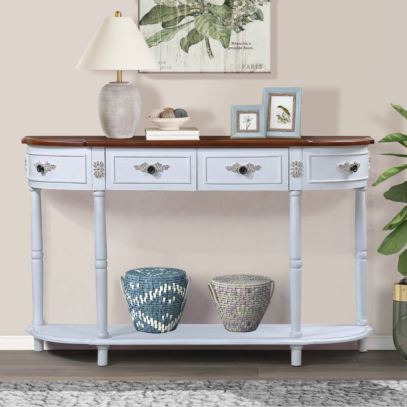 Curved Wood Console Table Sofa Table with Open Shelf and Drawers