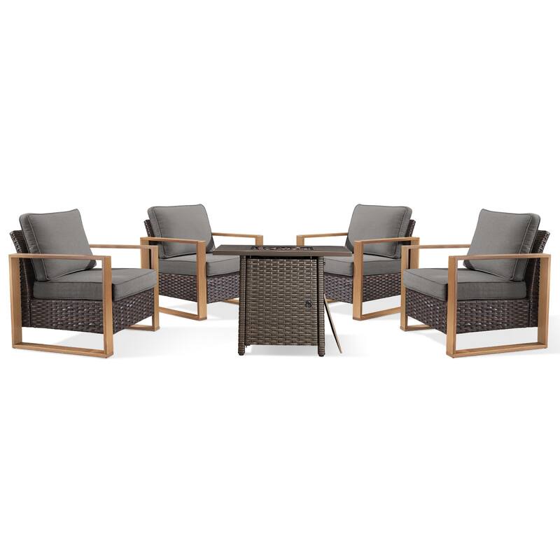 Meyreso 5-Piece Wicker Patio Conversation Set with Fire Pit & Plush 4.5" Olefin Cushions