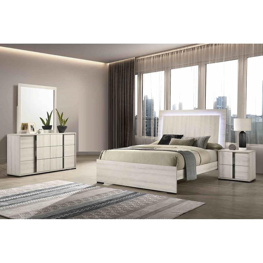 Contemporary White Wash Finish 4Pc Bedroom Set with LED Headboard Bed Nighstand Mirror Dresser