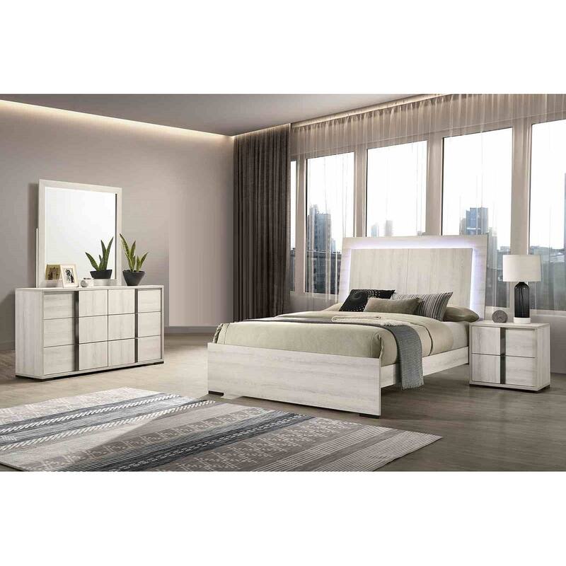 Contemporary White Wash Finish 4Pc Bedroom Set with LED Headboard Bed Nighstand Mirror Dresser