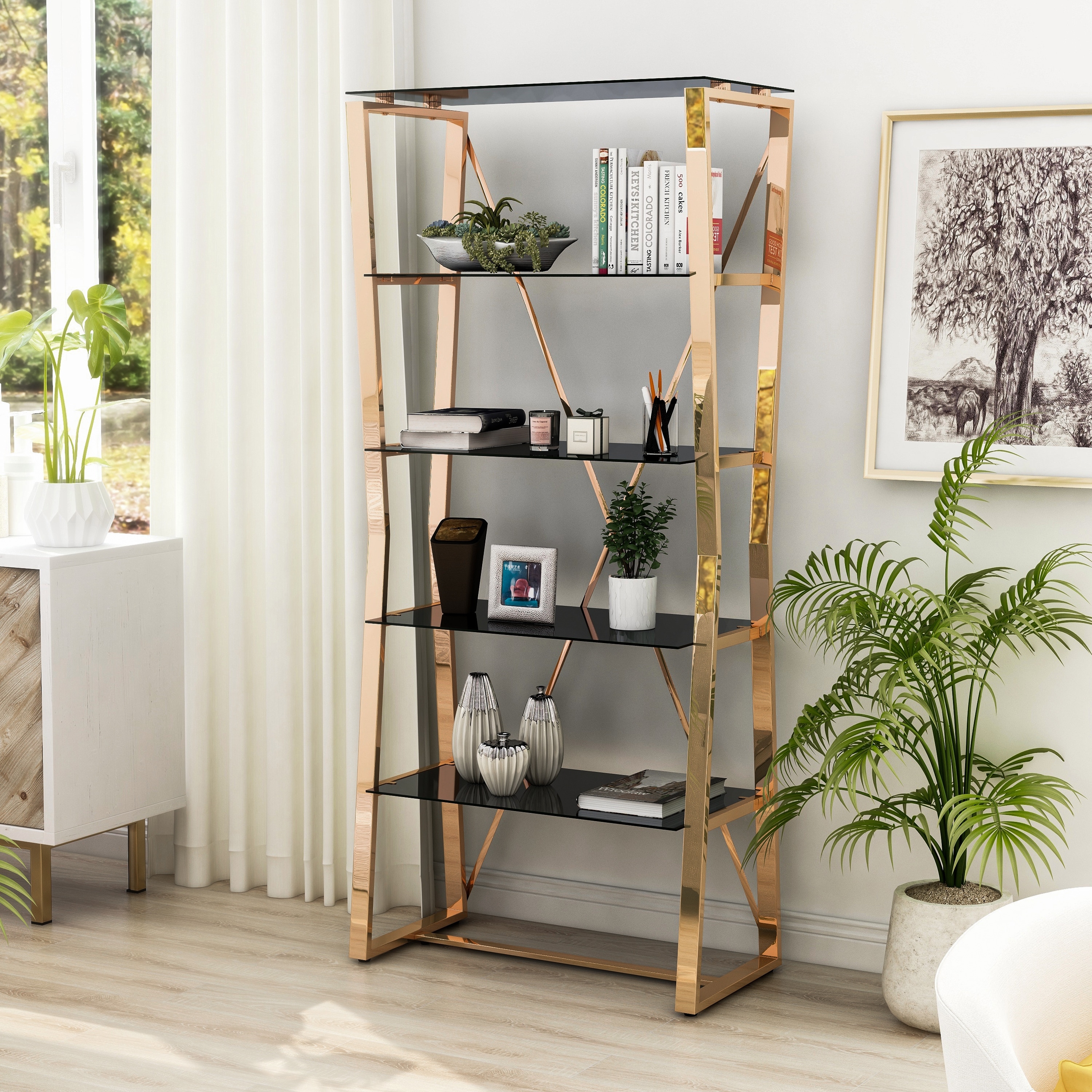 Modern chrome shop bookcase