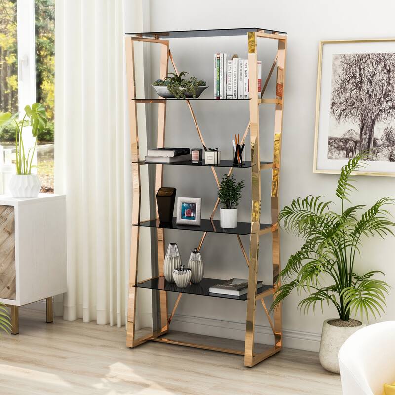 Morfell Contemporary Chrome Glass-Shelf Bookcase by Furniture of America