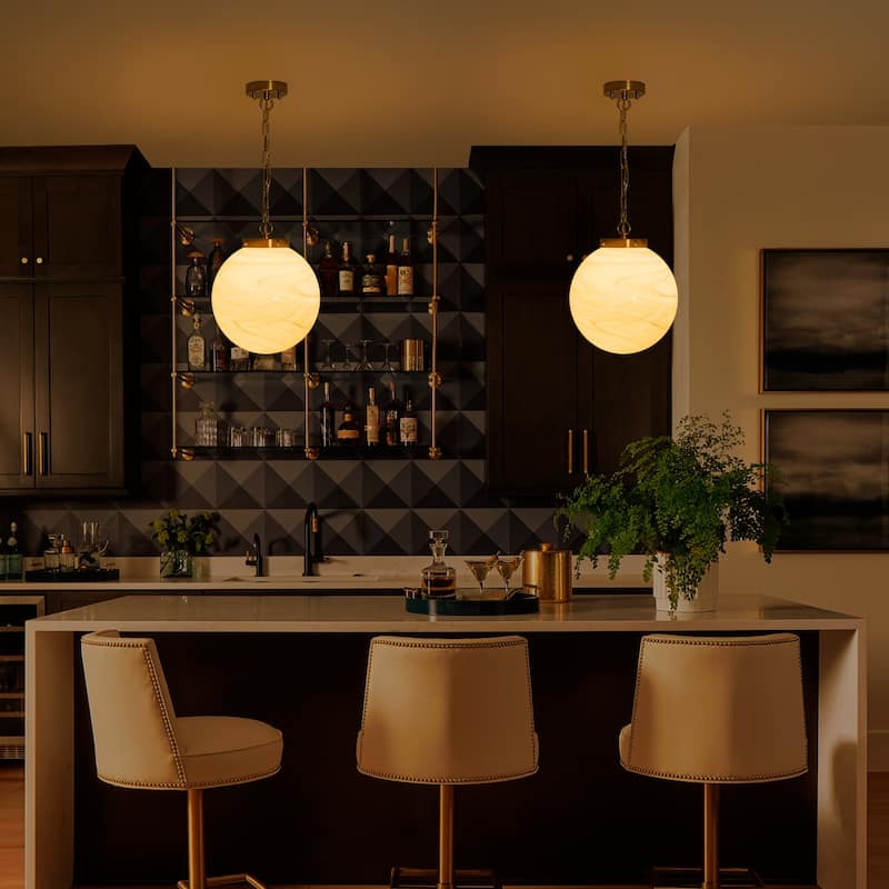 Brushed Gold Pendant Light with Marbled Glass Globe Kitchen Bedroom - Dia.11.81-in