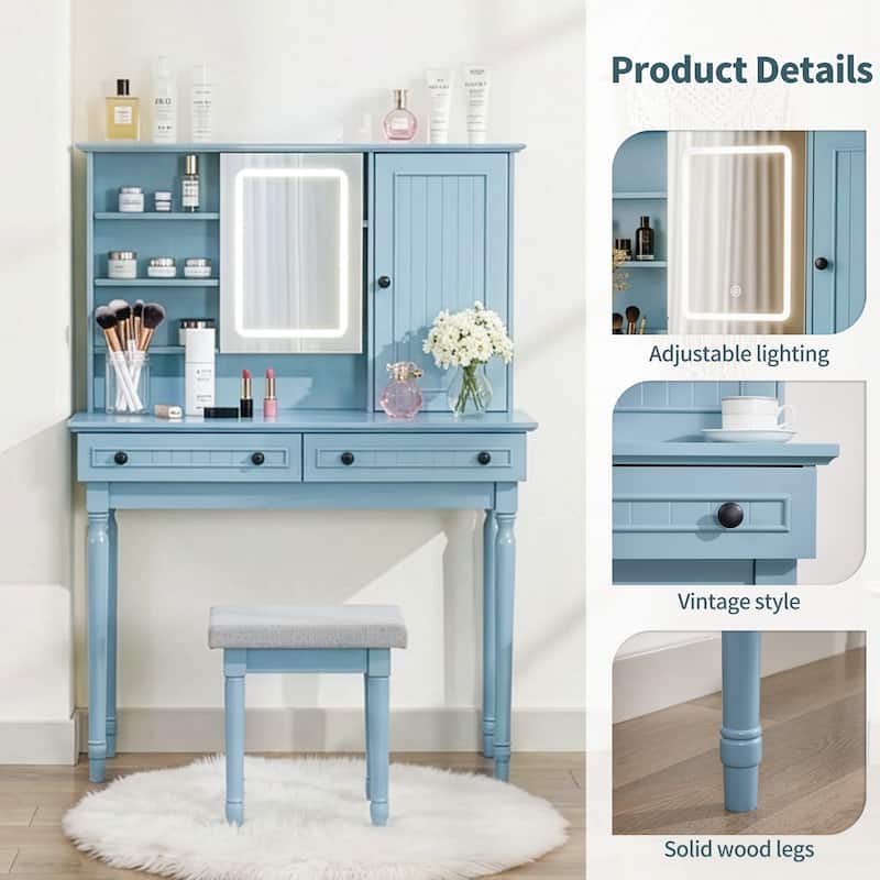 Vanity Desk with Adjustable Lighted Mirror & Upholstered Stool