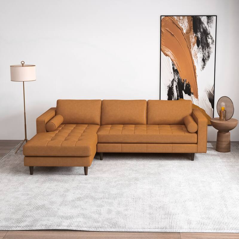 Diva Modern Mid Century Tufted Furniture Style Leather Couch in Tan