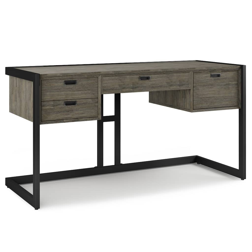 Solid Acacia Wood Desk - 60" Wide Home Office Desk with Drawers & Keyboard Tray - Weathered Grey Finish