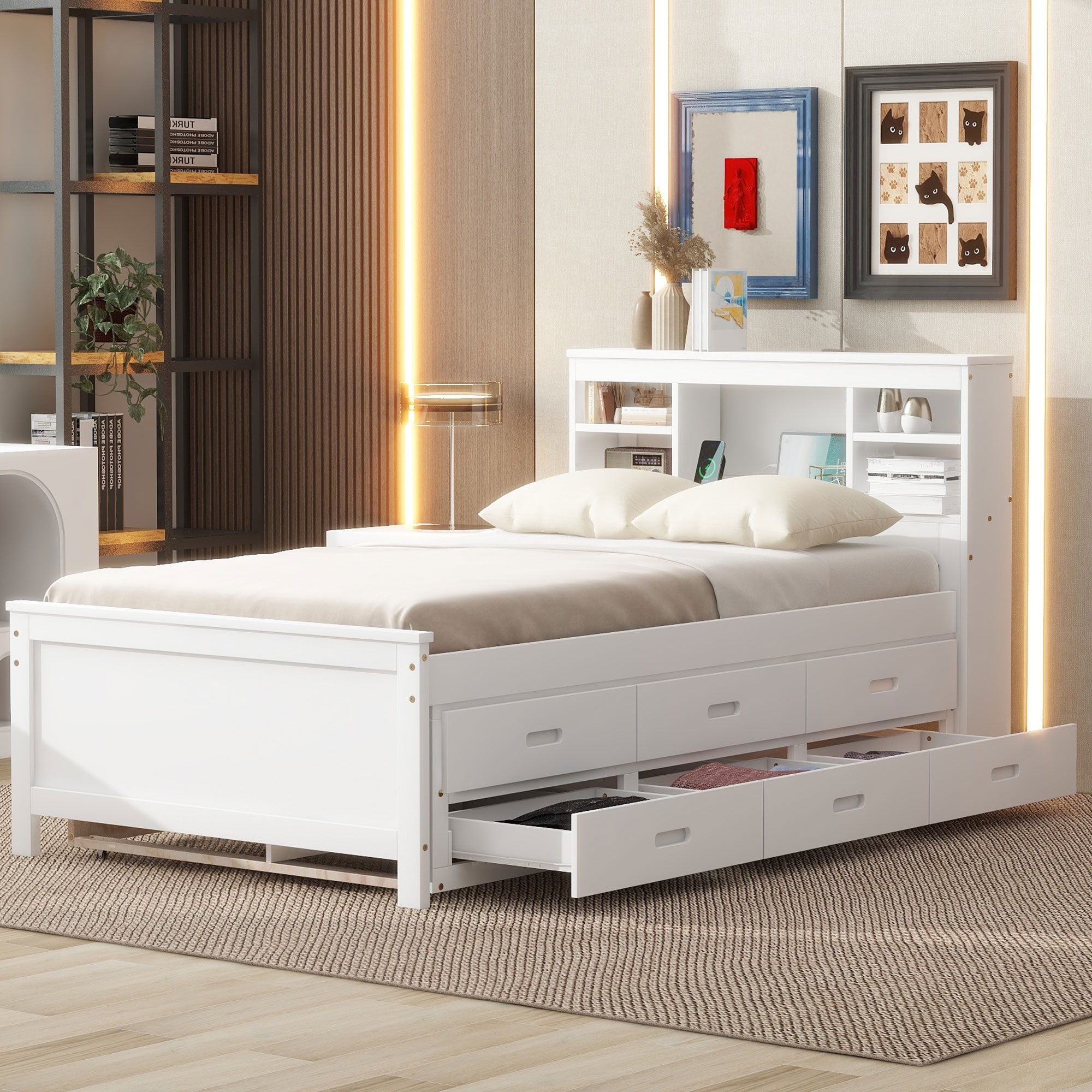 Wooden Platform Bed Frame with Storage Headboard, Trundle & USB Ports