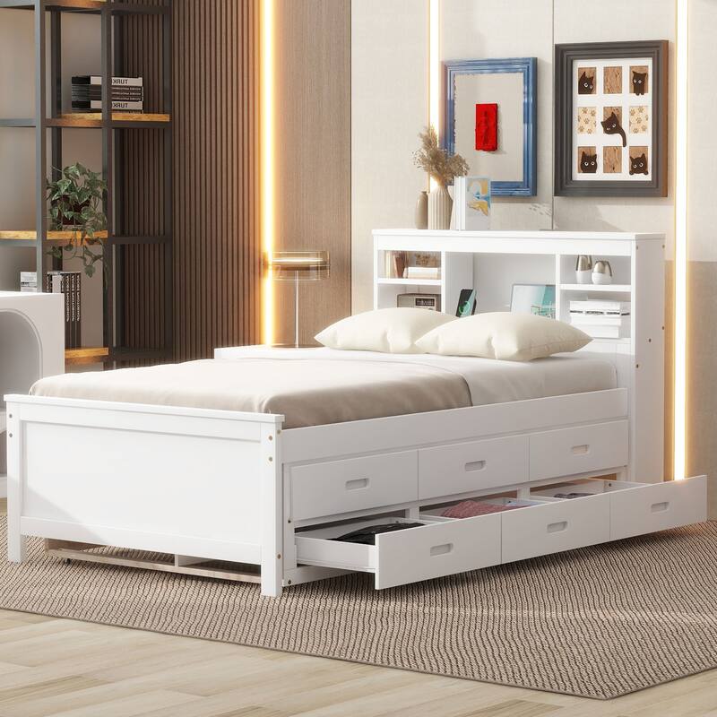 Wooden Platform Bed with Headboard Storage, Trundle and 3 Drawers, Charging Station, Wood Slats Support