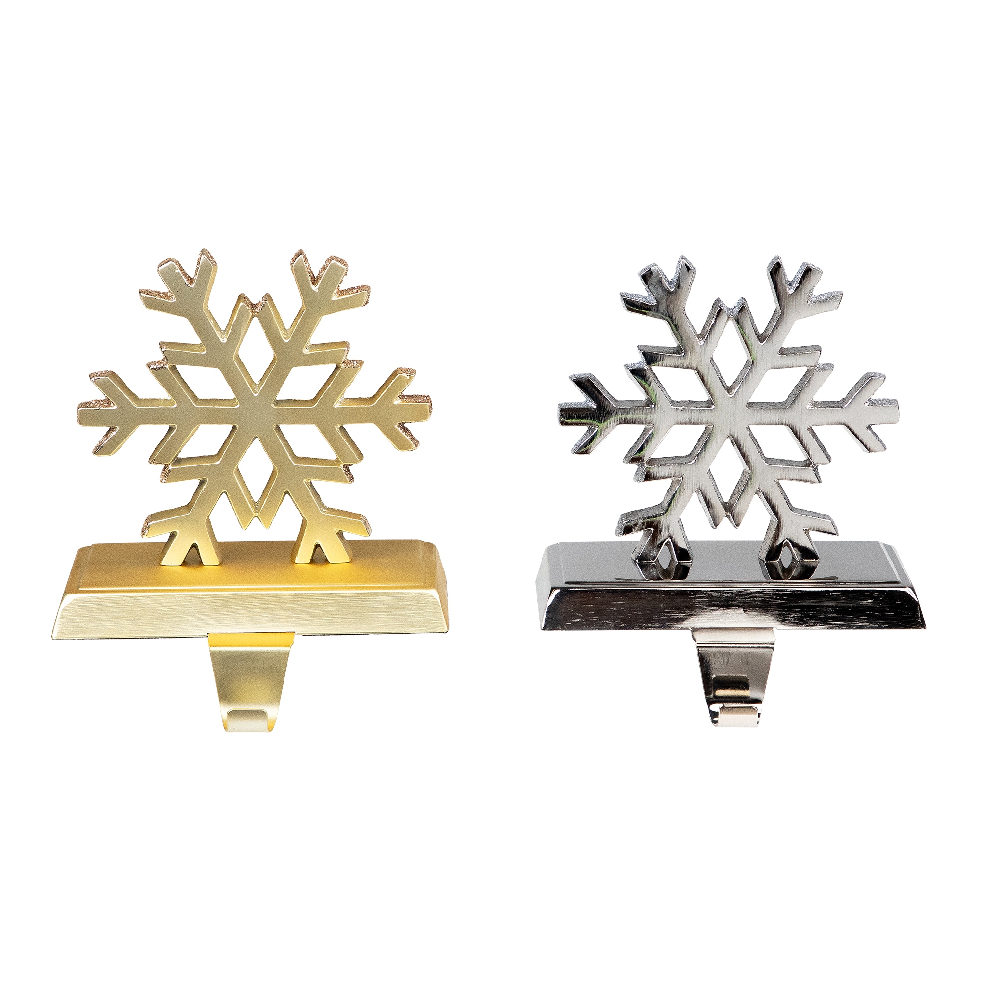Set of 2 Gold and Silver Shiny Snowflake Christmas Stocking Holders