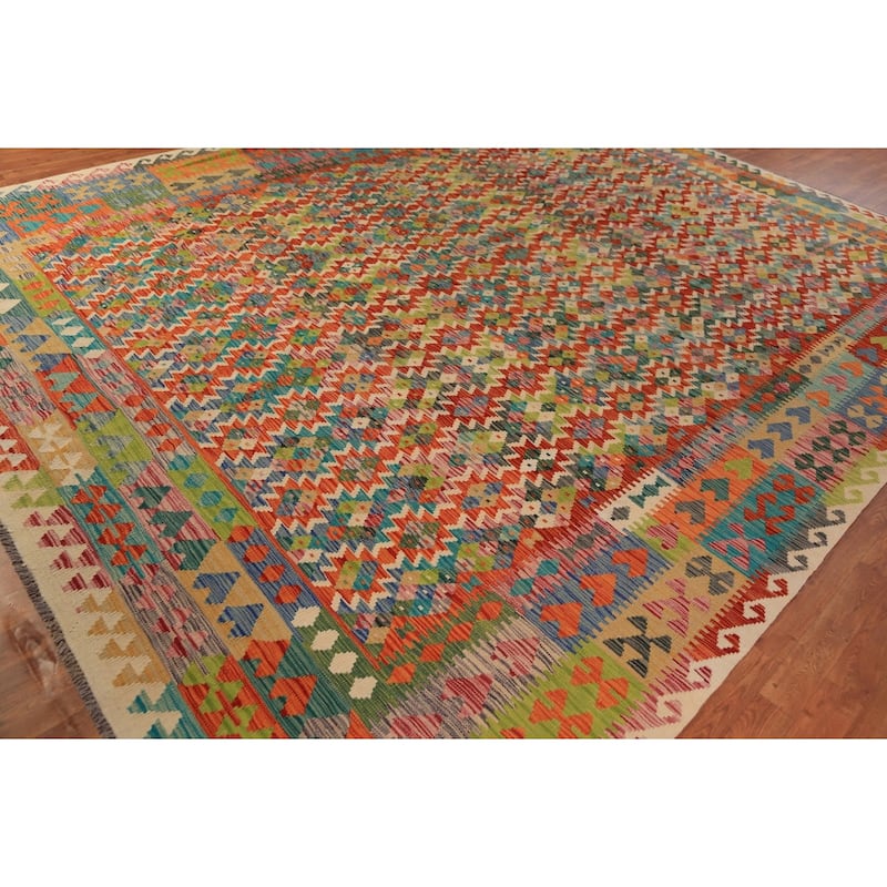 Reversible Kilim Oriental Area Rug Hand-Woven Geometric Wool Carpet - 10'0"x 12'10"