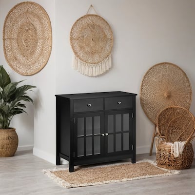 Sideboard Buffet with Glass Doors, 2 Drawers and Adjustable Shelf