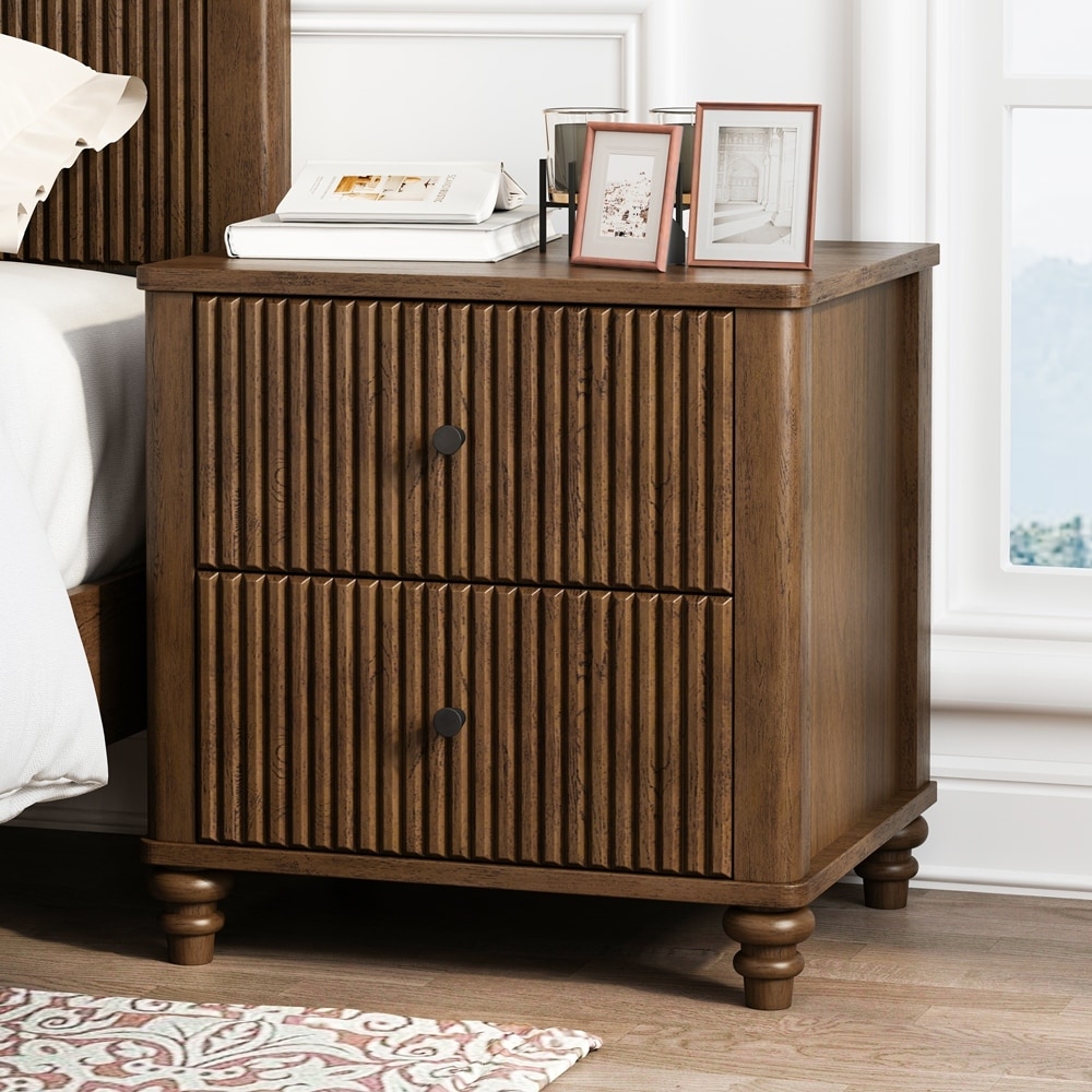 Wood NightStand with Metal Handle, Wooden Bedside End Table